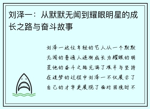 刘泽一：从默默无闻到耀眼明星的成长之路与奋斗故事